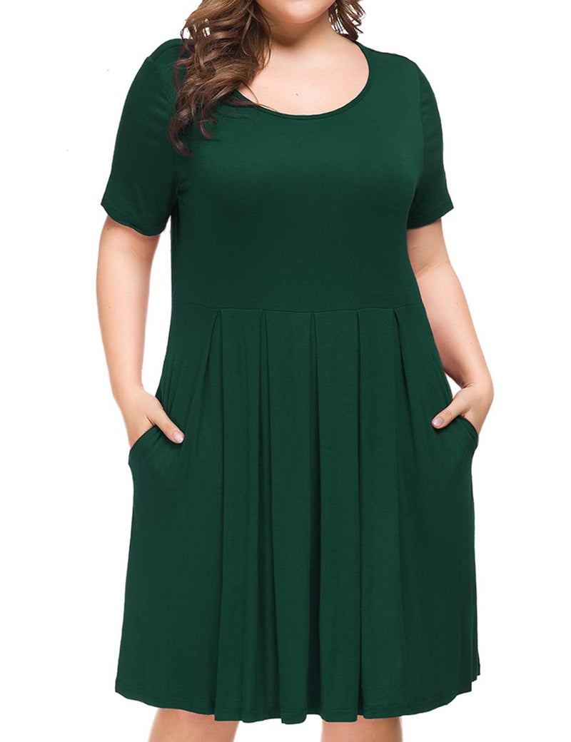 Tralilbee Women's Short Sleeve Pleated Loose Swing Casual Dress with Pockets Knee Length Dark Green 2XL - Image 2